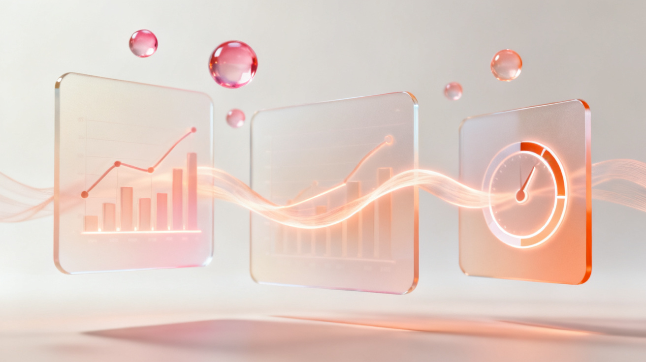 Abstract render of the M3 control plane — floating glass dashboards with live charts and a gauge