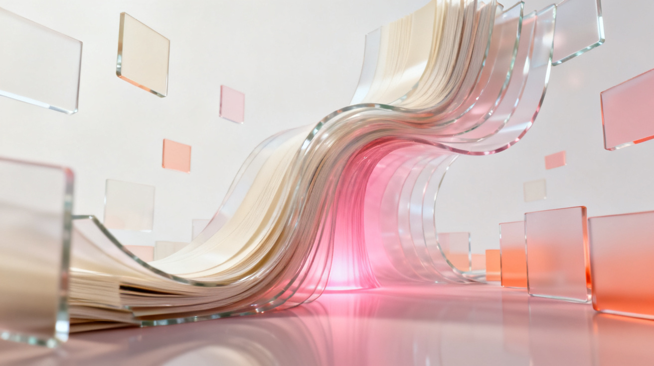 Abstract render of long-context memory — thousands of glass pages streaming into a glowing core