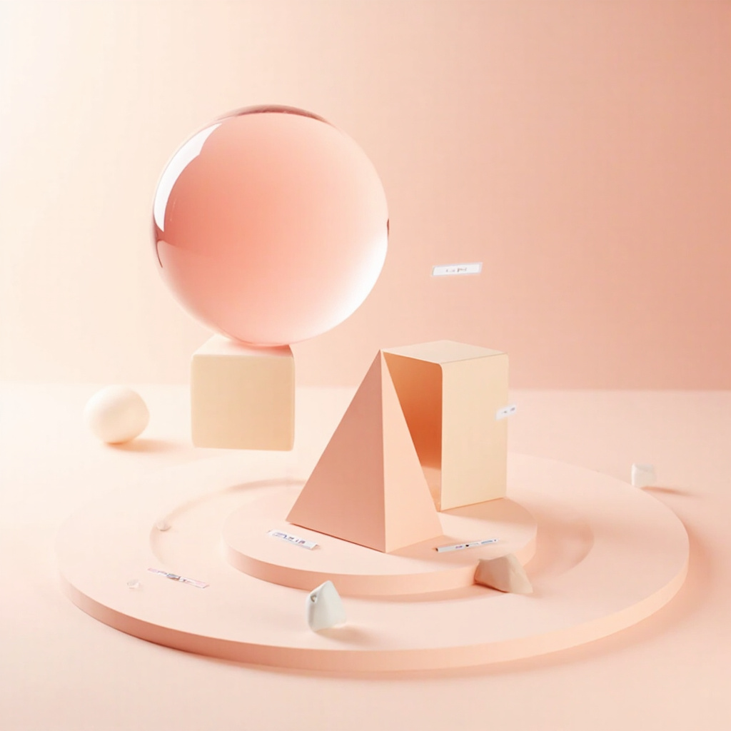 Editorial 3D glass sculpture — translucent rose-pink sphere, cream cube, and peach pyramid representing M3's three frontiers